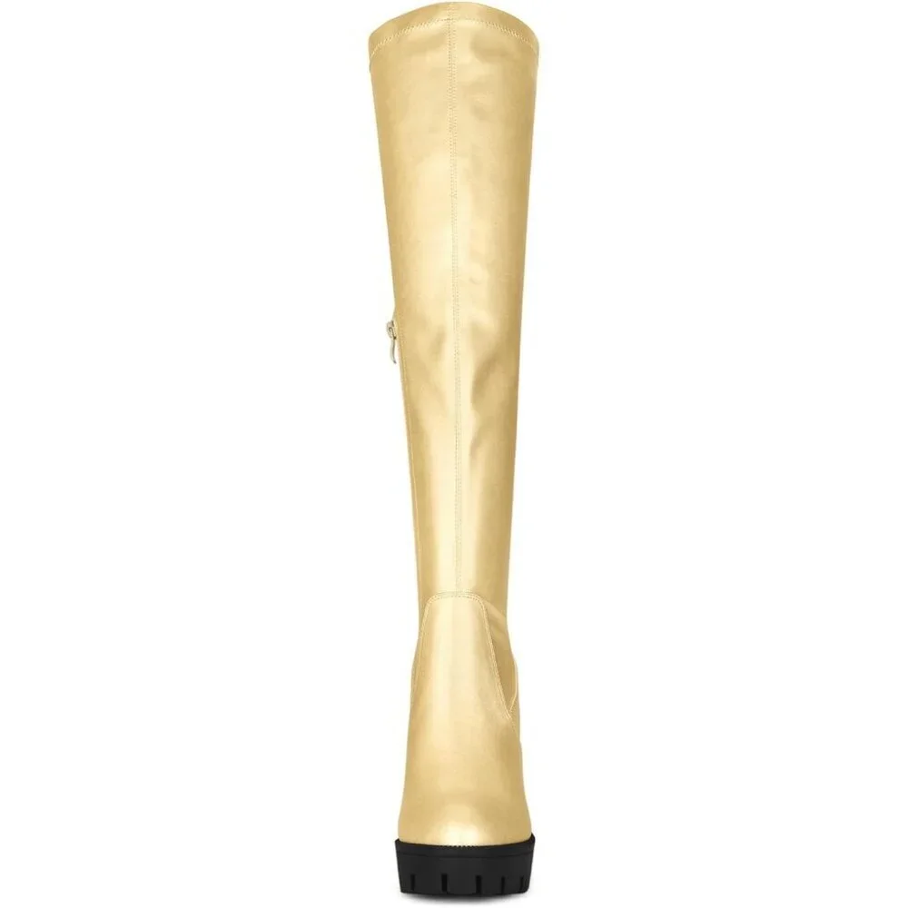 Women's Gold Platform Boots Chunky Heel Over Knee High Rounded Toe Long Boots